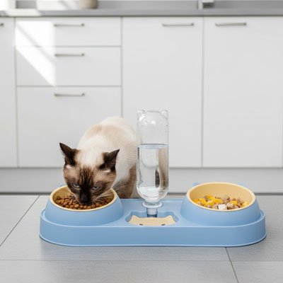 chat mangeant dans gamelle chat 3 en 1 couleur bleu jaune dans cuisine