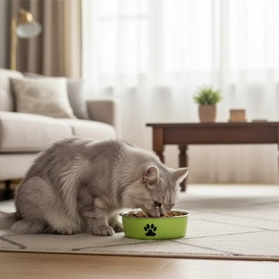 chat mangeant dans gamelle chat antidérapante couleur vert dans salon
