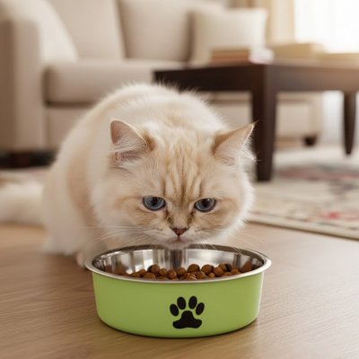 chat mangeant dans gamelle chat antidérapante couleur vert