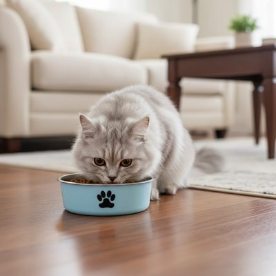 chat mangeant dans gamelle chat antidérapante couleur bleu