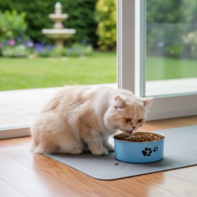 chat mangeant dans gamelle chat coloree couleur bleu dans salon