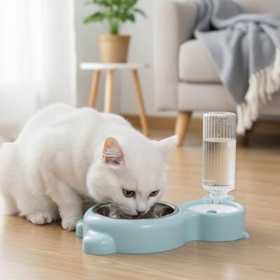chat mangeant dans gamelle chat couleur bleu avec abreuvoir intégré dans salon