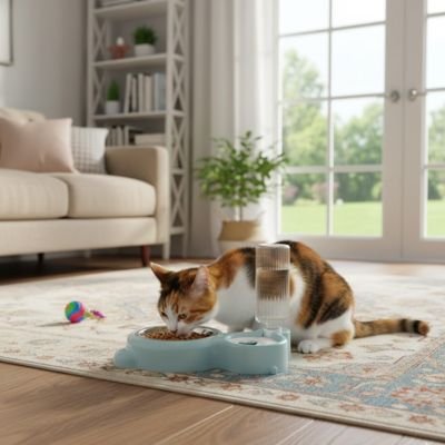 chat mangeant dans gamelle chat couleur bleu avec abreuvoir intégré au salon