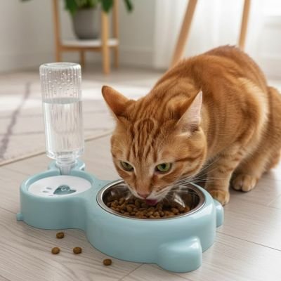 chat mangeant dans gamelle chat couleur bleu avec abreuvoir intégré