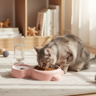 chat mangeant dans gamelle chat couleur rose avec abreuvoir intégré