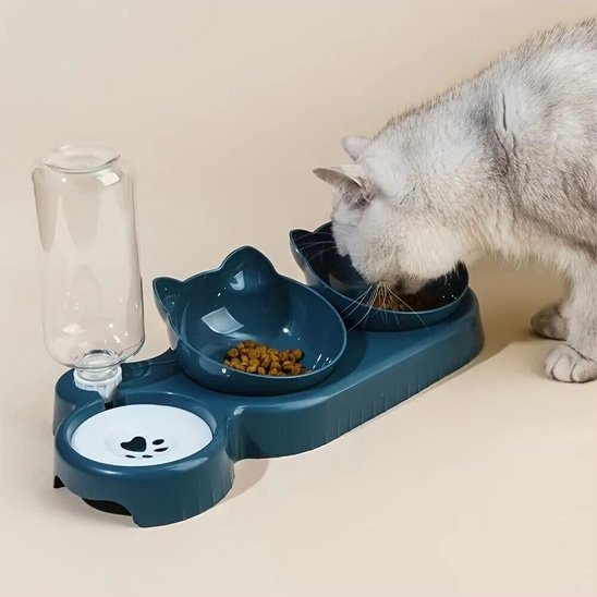 chat mangeant dans gamelle chat design felin couleur bleu fonce 3 en 1