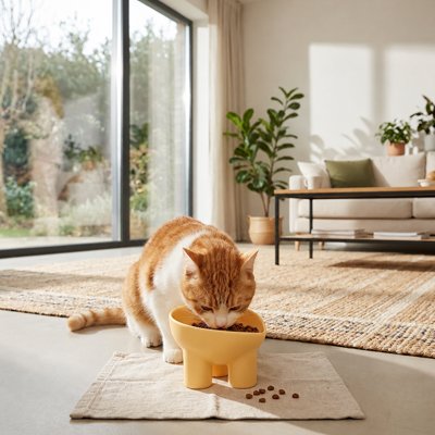 chat mangeant dans gamelle chat design surélevé couleur jaune dans salon