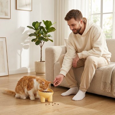 chat mangeant dans gamelle chat design surélevé couleur jaune dans salon avec maitre