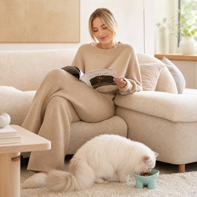 chat mangeant dans gamelle chat design surélevé couleur bleu dans salon avec maitresse