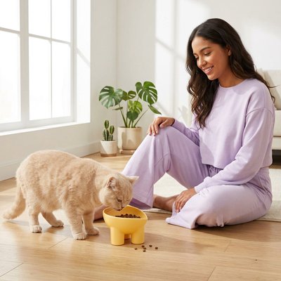 chat mangeant dans gamelle chat design surélevé couleur jaune dans salon avec maitresse