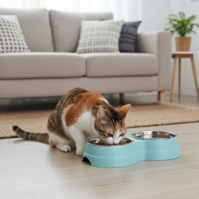 chat mangeant dans gamelle chat double bols couleur bleu avec bols inox dans salon