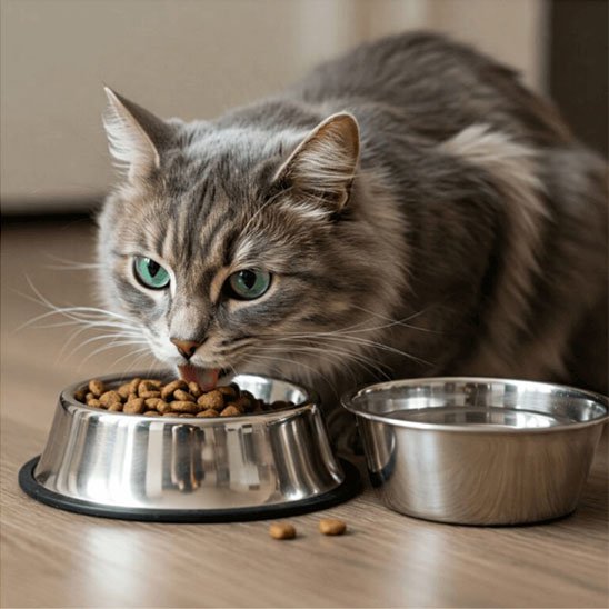 chat mangeant dans gamelle chat en acier inoxydable