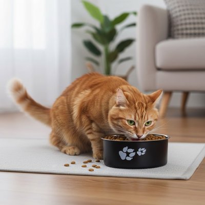 chat mangeant dans gamelle chat motifs pattes couleur noir