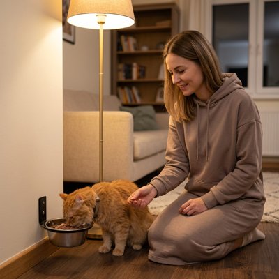 chat mangeant dans gamelle chat mural avec maitresse dans salon