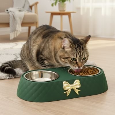 chat mangeant dans gamelle chat nœud papillon couleur vert
