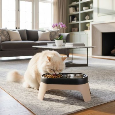 chat mangeant dans gamelle chat surelevee anti choc couleur beige noir dans salon