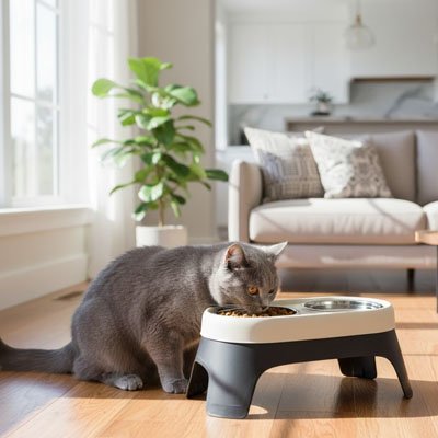 chat mangeant dans gamelle chat surelevee anti choc couleur blanc noir dans salon