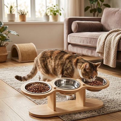 chat mangeant dans gamelle chat surelevee configuration triple bols inox en bois dans salon