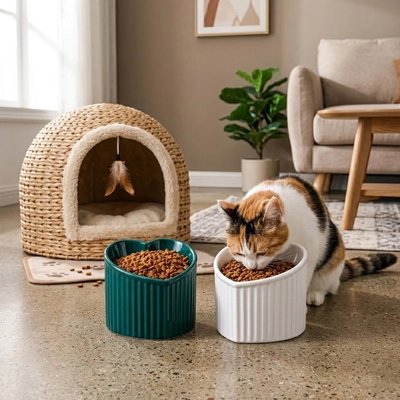chat mangeant dans gamelle chat surelevee design coeur couleur blanche et vert fonce dans salon