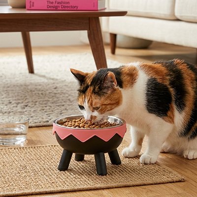 chat mangeant dans gamelle chat surelevee design colore moderne coloris rose dans salon