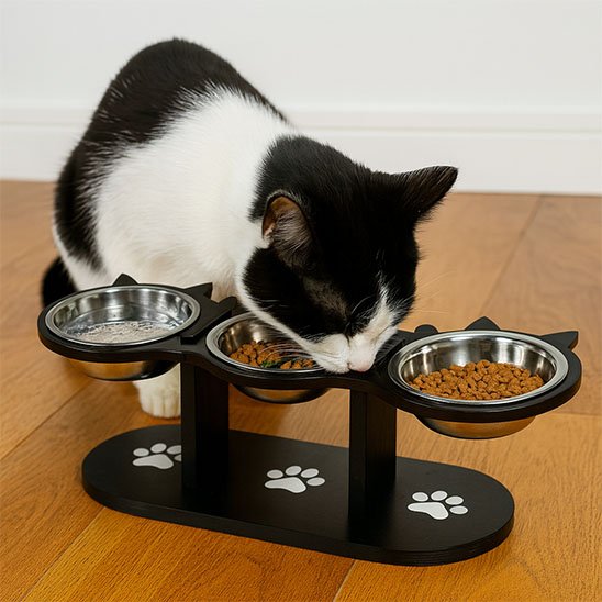 chat mangeant dans gamelle chat surelevee design felin triple bols inox