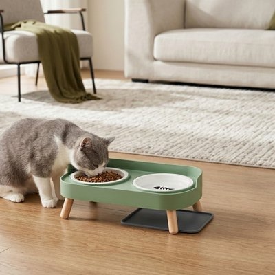 chat mangeant dans gamelle chat surelevee design scandinave couleur vert dans salon
