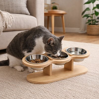 chat mangeant dans gamelle chat surelevee en bois configuration triple bols inox dans salon