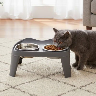 chat mangeant dans gamelle chat surelevee gris moderne double bol inox