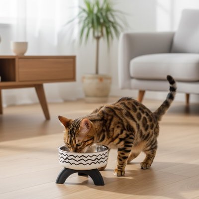 chat mangeant dans gamelle chat surelevee motifs geometriques vague dans salon