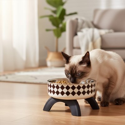 chat mangeant dans gamelle chat surelevee motifs geometriques carre dans salon