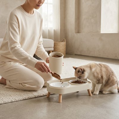 chat mangeant dans gamelle chat surelevee scandinave couleur blanche avec maitresse