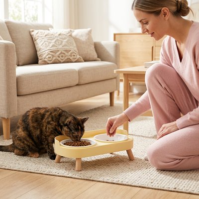 chat mangeant dans gamelle chat surelevee scandinave couleur jaune avec maitresse