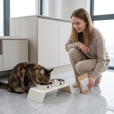 chat mangeant dans gamelle chat surelevee stable double bol inox dans cuisine avec maitresse