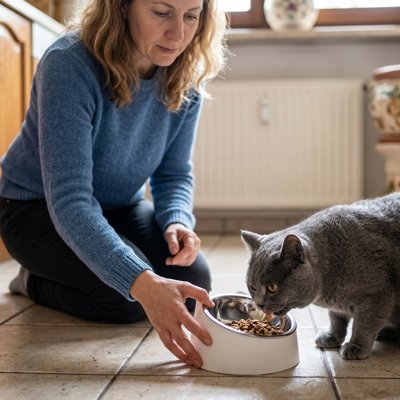 chat mangeant dans gamelle pour chat base exterieure blanche avec maitresse dans cuisine