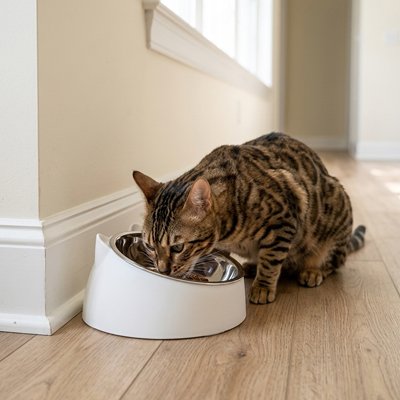 chat mangeant dans gamelle pour chat base exterieure blanche