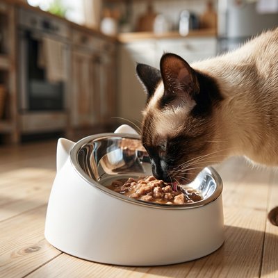 chat mangeant dans gamelle pour chat base exterieure blanche dans cuisine