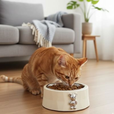chat mangeant dans gamelle pour chat decoration ourson couleur blanche dans salon