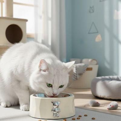 chat mangeant dans gamelle pour chat decoration ourson couleur blanche dans chambre