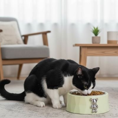 chat mangeant dans gamelle pour chat decoration ourson couleur vert pastel dans salon