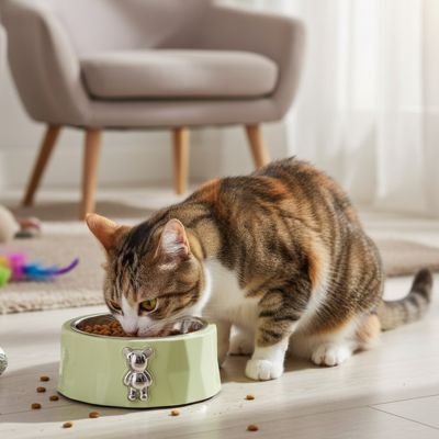 chat mangeant dans gamelle pour chat decoration ourson couleur vert pastel