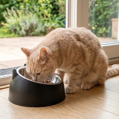 chat mangeant dans gamelle pour chat design moderne noir dans salon