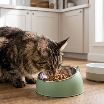 chat mangeant dans gamelle pour chat design moderne vert sauge dans cuisine