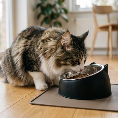 chat mangeant dans gamelle pour chat design moderne noir dans cuisine
