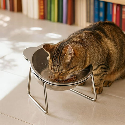 chat mangeant dans gamelle pour chat design ourson en acier inoxydable