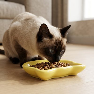 chat mangeant dans gamelle pour chat originale coloris jaune dans salon