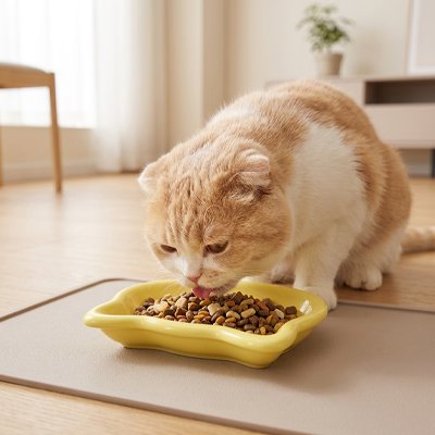 chat mangeant dans gamelle pour chat originale couleur jaune dans salon