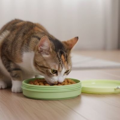 chat mangeant dans gamelle pour chat voyage couleur vert pastel en interieur