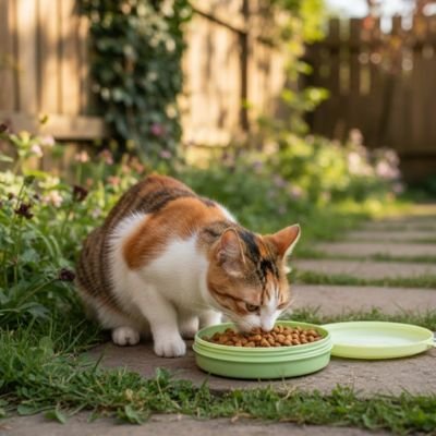 chat mangeant dans gamelle pour chat voyage couleur vert pastel dans jardin