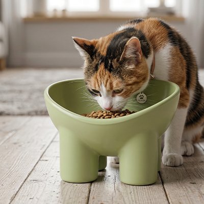 chat mangeant dans gamelle surelevee chat couleur vert olive