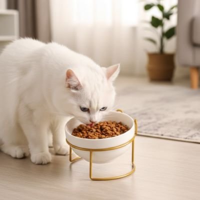 chat mangeant dans gamelle surelevee chat support metal dore